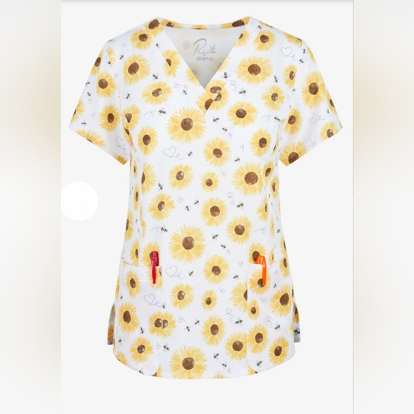 Maevn Tops - Maevn Bee The Sun Women's 3-Pocket STRETCH V-Neck Print Scrub Top